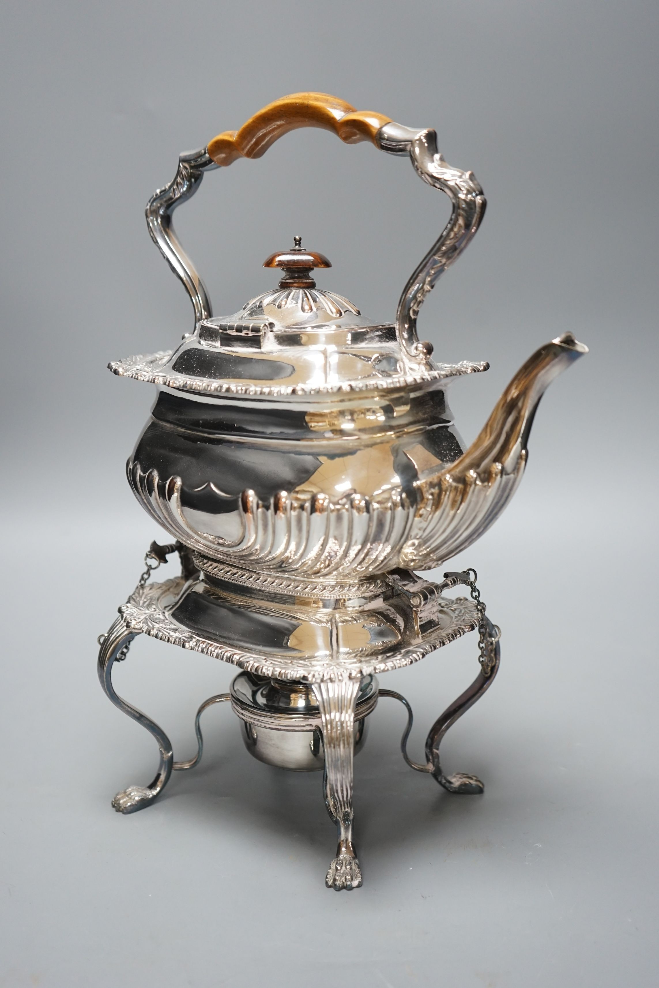 A silver plated kettle on stand, 35cms high